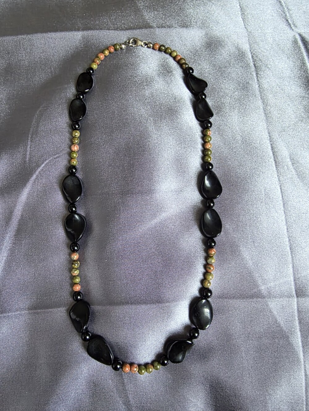 Black Agate & Unakite Beaded Necklace in Sterling Silver 181.30ctw 20 In